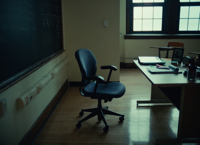 Video Reference: Table, Property, Office chair, Furniture, Window, Desk, Chair, Computer desk, Interior design, Building