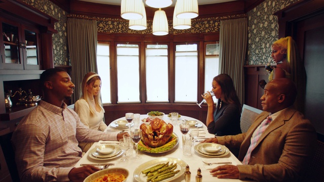 Video Reference: Clothing, Table, Food, Tableware, Window, Furniture, Plate, Curtain, Yellow, Sharing