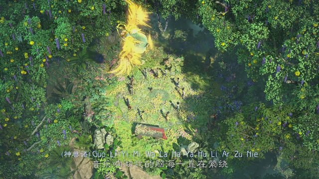 Video Reference: animated, jungle, forest, clearing, flowers, lush foliage, glowing figure, magic, fantasy, group of people, aerial view, bright colors, subtitles, musical scene
