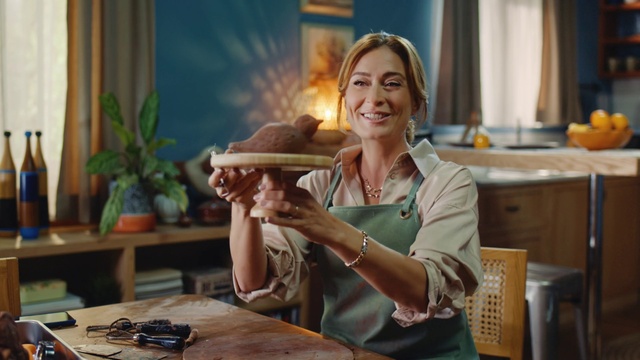 Video Reference: Smile, Table, Hat, Sun hat, Tableware, Flowerpot, Curtain, Wood, Dress, Plant