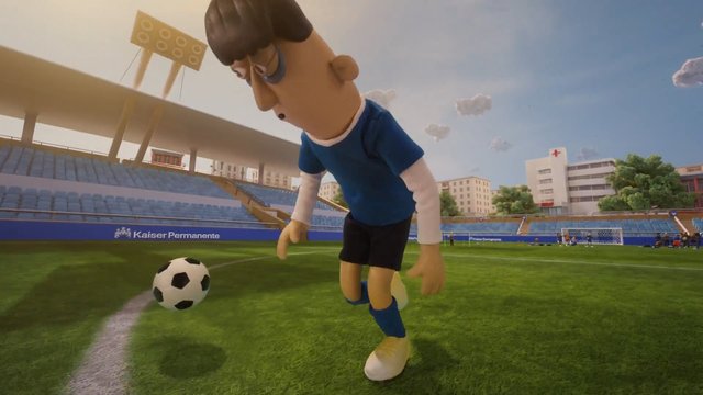 Video Reference: soccer, football, stadium, animated, 3d, player, ball, field, sports, goal, stands, outdoor, cartoon, match, grass, training