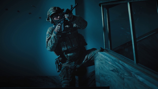 Video Reference: Azure, Flash photography, Cg artwork, Helmet, Shooter game, Darkness, Fictional character, Electric blue, Personal protective equipment, Games