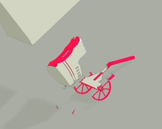 Video Reference: 3d render, cart, wheels, device, minimalist, abstract, gray background, red, off-white, vehicle, mechanical, close-up