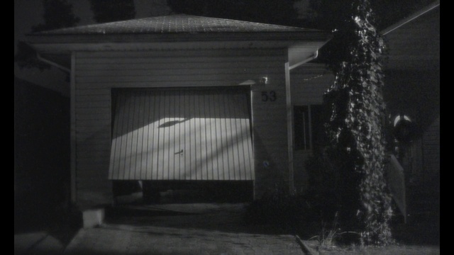 Video Reference: Black-and-white, Building, Plant, Road surface, Door, Automotive lighting, Tints and shades, Midnight, Monochrome photography, Garage door