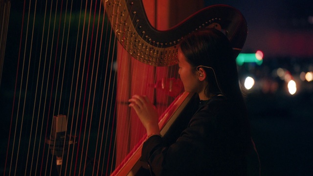 Video Reference: Harp, Outerwear, Harpist, Musical instrument, Clàrsach, Fashion, String instrument, Plucked string instruments, Standing, Musician