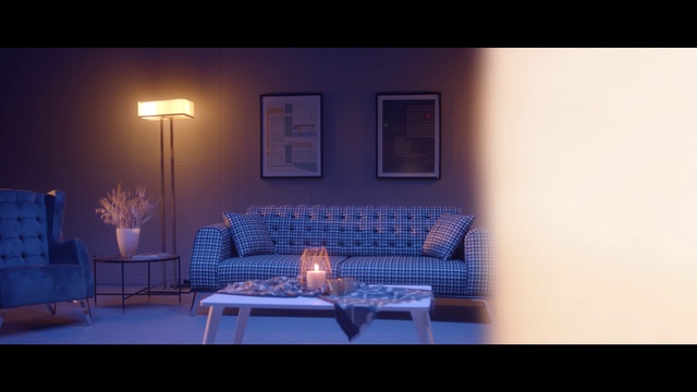 Video Reference: Furniture, Couch, Table, Purple, Rectangle, Lighting, Lamp, Interior design, studio couch, Wood