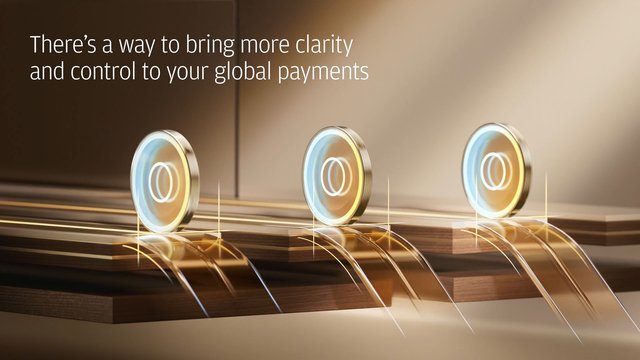 Video Reference: promotional graphic, global payments, financial technology, coins, abstract design, glowing discs, gold lines, digital payment, business, marketing, text overlay, futuristic, finance, payment system