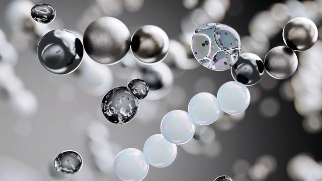 Video Reference: abstract, spheres, bubbles, glossy, translucent, floating, macro, close-up, 3d render, gray background, reflection, bokeh, minimal, surreal, pattern, physics