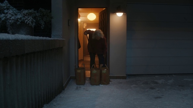 Video Reference: Tints and shades, Midnight, Darkness, Luggage and bags, Snow, Door, Winter, Bag, Road, City