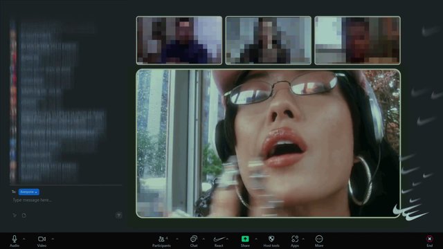 Video Reference: video call, conference, webcam, woman, glasses, headphones, close-up, participant tiles, chat panel, screen interface, online meeting, portrait, virtual meeting, desktop app