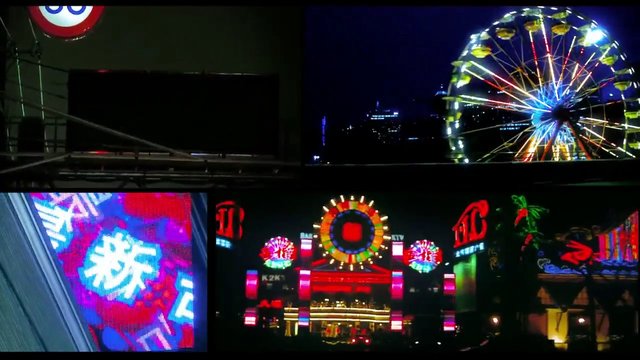 Video Reference: night, city, Ferris wheel, neon lights, amusement park, urban, colorful, lights, signs, architecture, nightscape, festival, attraction, split screen