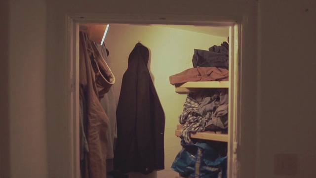 Video Reference: Sleeve, Wood, Tints and shades, Art, T-shirt, Fashion design, Visual arts, Closet, Room, Clothes hanger