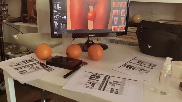 Video Reference: Table, Furniture, Desk, Personal computer, Orange, Computer monitor, Interior design, Computer, Bookcase, Flooring