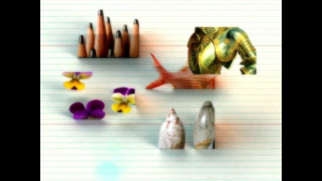 Video Reference: abstract, collage, lined paper, flowers, fish, pencils, metallic, surreal, mixed media, artwork, colorful, still life, paper texture, cutout
