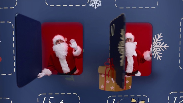 Video Reference: Rectangle, Red, Font, Santa claus, Event, Magenta, Carmine, Fictional character, Electric blue, Art