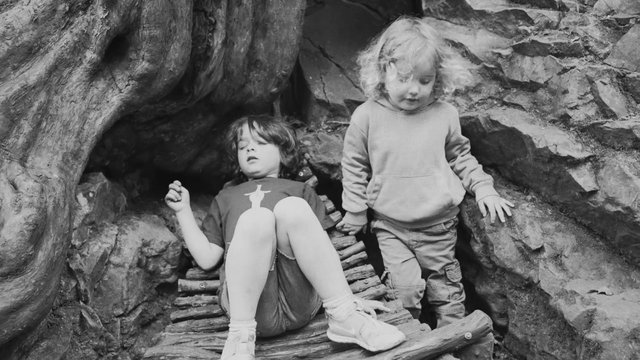 Video Reference: black and white, children, outdoors, rocks, wooden bridge, nature, playful, standing, seated, candid, adventure, hiking, childhood, landscape
