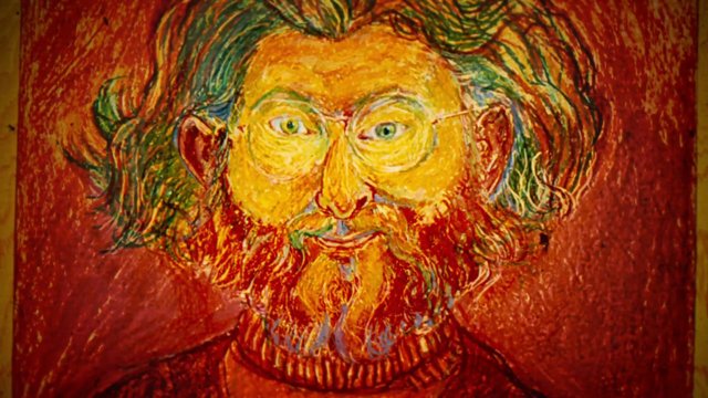 Video Reference: portrait, painting, bearded man, wavy hair, red background, art, face, close-up, expression, colorful, fine art, traditional painting