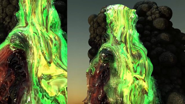 Video Reference: abstract, 3D render, glossy, neon green, fluid, melted, rocky texture, spheres, organic shape, surreal, digital art, close-up, gradient background