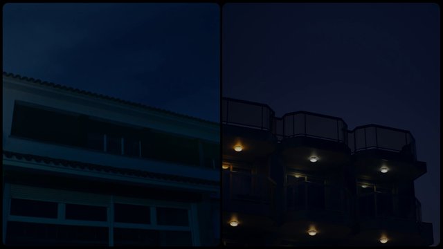 Video Reference: night, building, facade, balconies, rooftop, architecture, exterior, dark sky, lights, urban, residential, low light