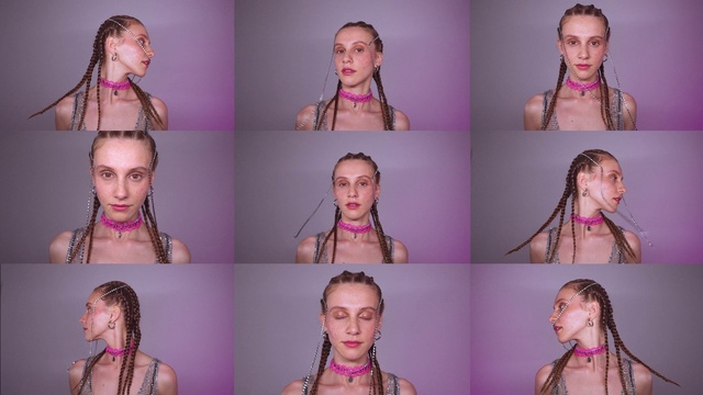 Video Reference: Hair, Head, Chin, Hairstyle, Eyebrow, Photograph, Shoulder, Facial expression, Purple, Eyelash