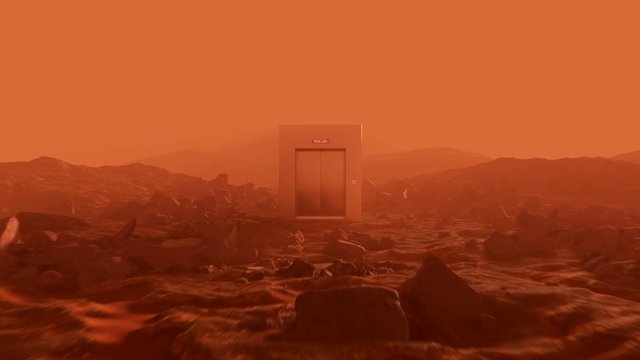 Video Reference: desert, rocky terrain, elevator, metal structure, mars-like, orange sky, sci-fi, landscape, haze, remote, futuristic, door, solitude