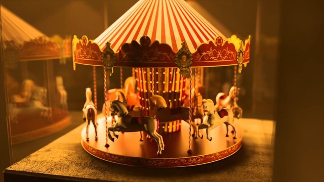 Video Reference: carousel, merry-go-round, model, toy, horses, decorative, miniature, display case, warm light, vintage, ornate, amusement park, close-up, glass, interior, display