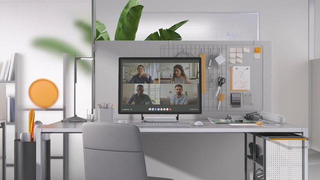 Video Reference: Furniture, Table, Computer desk, Houseplant, Building, Orange, Interior design, Chair, Shelving, Cabinetry