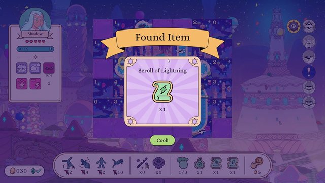 Video Reference: video game, fantasy, game ui, reward popup, item found, scroll, lightning, board game, cartoon, purple background, hud, menu screen, magic, adventure, 2d art