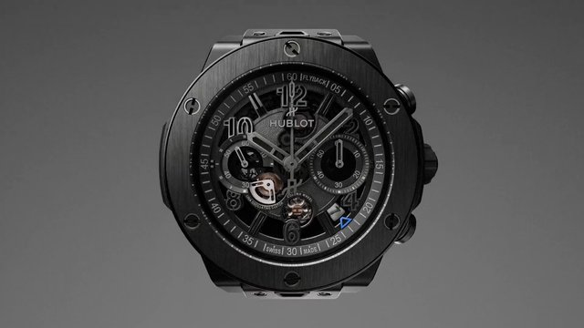 Video Reference: wristwatch, luxury watch, chronograph, skeleton dial, black watch, analog, studio shot, close-up, timepiece, metal case, gray background, horology