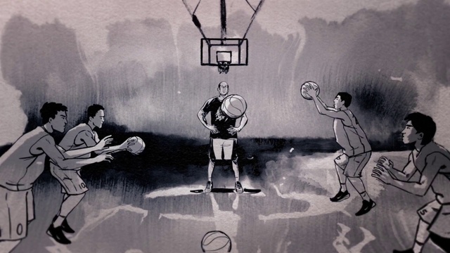 Video Reference: Cartoon, Basketball hoop, Art, Style, Black-and-white, Line, Font, Painting, Guitar, Illustration