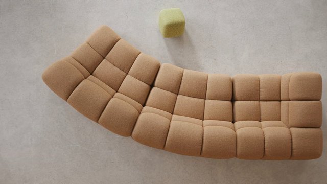 Video Reference: sofa, chaise, modular, upholstery, furniture, tan, curved, modern, interior, design, cushions, foam, minimal, top view, home decor