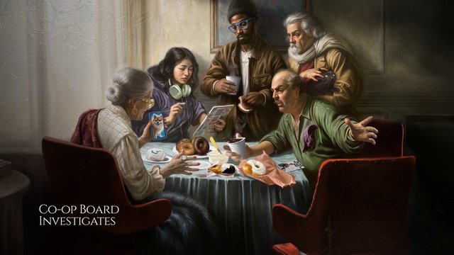 Video Reference: painting, group, table, meeting, donuts, cups, phone, dog, indoor, dramatic lighting, elderly, mixed age, text overlay, board meeting, artwork, conversation