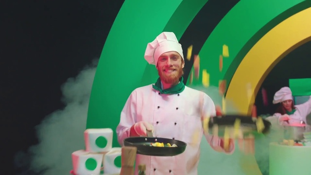 Video Reference: Food, Smile, Green, Happy, Fun, Cooking, Event, Entertainment, T-shirt, Hat