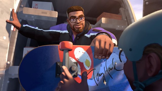 Video Reference: animated, man, glasses, skateboard, vehicle, close-up, handout, outdoor, sunlight, cartoon, transport, action, character, interior, motion