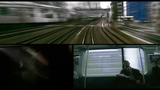 Video Reference: train, railway, tracks, subway, metro, commuter, motion blur, interior, urban, transportation, travel, passengers, split screen