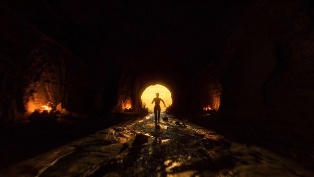 Video Reference: silhouette, runner, cave, tunnel, sunset, backlit, adventure, motion, dark, dramatic, reflection, landscape, escape, jogging, cinematic