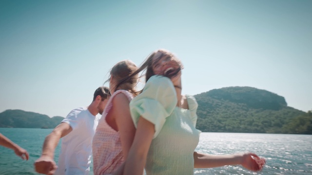 Video Reference: Water, Sky, Happy, Gesture, Travel, Lake, Sunlight, People in nature, Leisure, Friendship