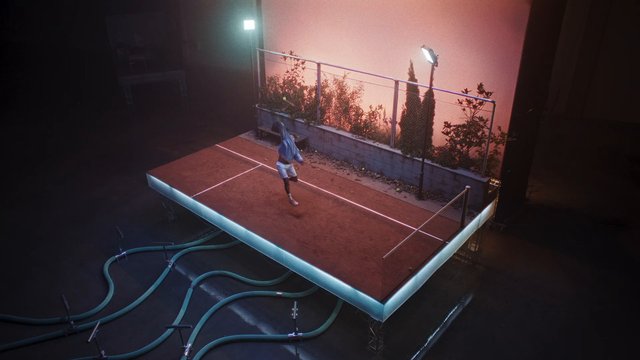 Video Reference: night, sports court, person, outdoor, fence, lights, tennis court, raised platform, plants, urban, motion blur, studio set, dramatic lighting
