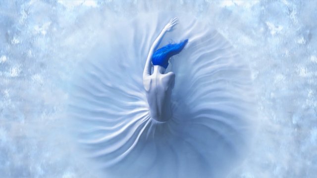 Video Reference: person, dress, blue hair, abstract, top view, flowing fabric, dance, motion, white background, artistic, surreal, aerial view