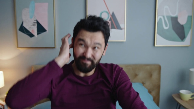 Video Reference: Forehead, Cheek, Chin, Hairstyle, Arm, Eyebrow, Mouth, Picture frame, Beard, Gesture