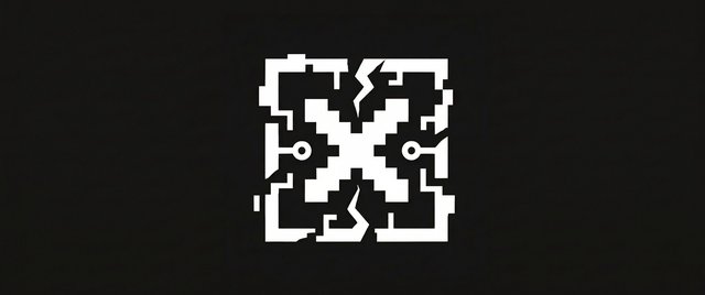 Video Reference: abstract, symbol, icon, pixelated, geometric, black background, white shape, digital, logo, minimal, centered, cracked, high contrast