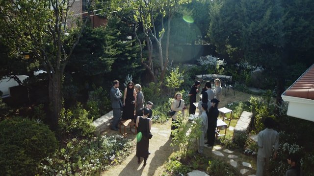 Video Reference: garden, courtyard, group, people, outdoor, sunlight, trees, shrubs, stone path, social gathering, house, landscaping, standing, conversation, daylight