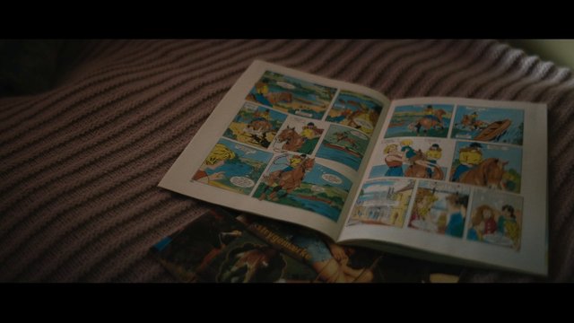 Video Reference: comic book, open book, illustration, panels, horse, riding, water, striped fabric, indoor, reading, colorful, close-up, casual, paper, story