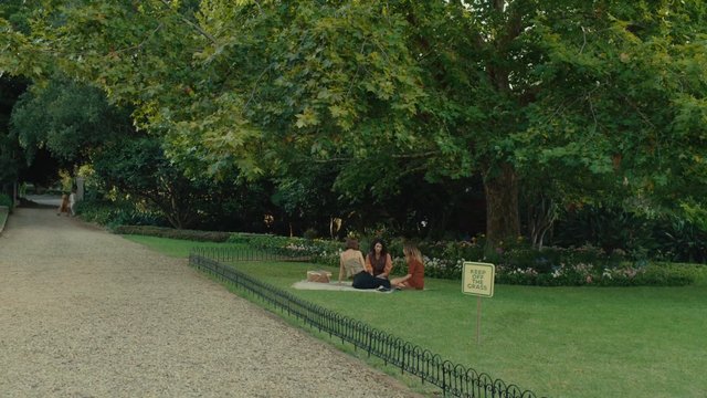 Video Reference: park, garden, trees, grass, gravel path, flower bed, picnic, people sitting, outdoors, sign, landscape, greenery, blanket, pathway