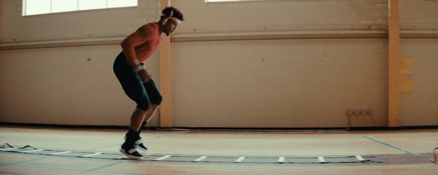 Video Reference: athlete, exercise, workout, agility ladder, gym, indoor, training, fitness, jumping, sportswear, speed drills, conditioning, movement, side view, court, adult male