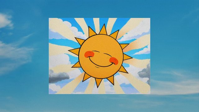 Video Reference: cartoon, sun, smiling, sky, clouds, rays, illustration, kids, cute, weather, blue background, graphic, bright, animation, summer
