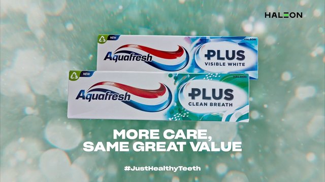 Video Reference: toothpaste, Aquafresh, oral care, packaging, product shot, advertisement, hygiene, dentistry, clean breath, visible white, brand display, retail, promo, bokeh background, health care, consumer product