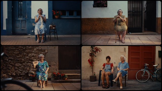Video Reference: collage, street scene, outdoor portrait, elderly women, seated, village, facade, bicycle, flowers, patio, urban, rural, people, daylight, four panel, traditional