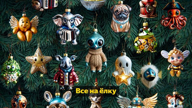 Video Reference: christmas tree, ornaments, holiday decorations, animal figurines, cartoon style, colorful, winter, festive, star ornament, frog, pug, elephant, octopus, cat, ghost ornament, Russian text