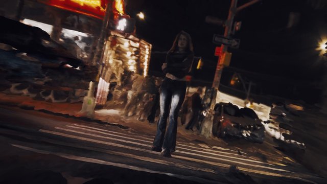 Video Reference: night, street, crosswalk, person, storefront, city, urban, blurred, motion blur, lights, nightlife, pedestrian, road, traffic, outdoor